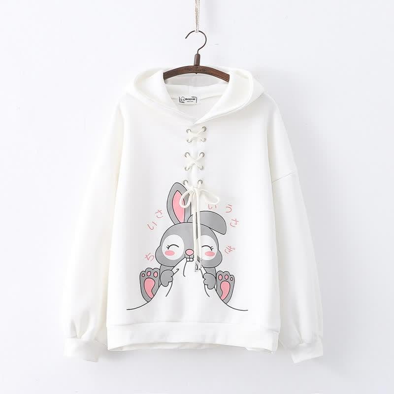 Cartoon Rabbit Print Lace Up Loose Plush Hoodie  |   Sweatshirts & Hoodies Clothing Blue