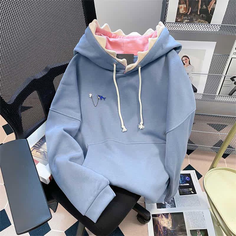 Cartoon Shark Brooch Pocketed Plush Hoodie  |   Sweatshirts & Hoodies Clothing Blue(Normal)