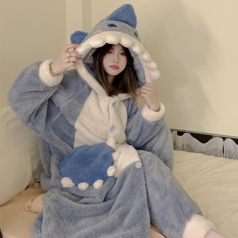 Cartoon Shark Colorblock Plush Hooded Pajamas Set  |   Pajamas Clothing Blue