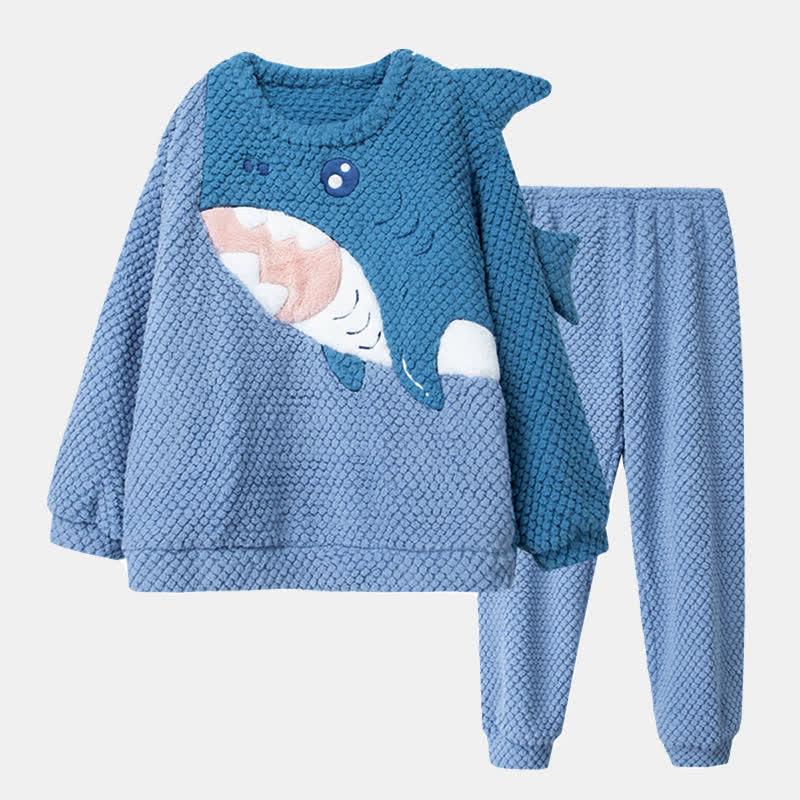 Cartoon Shark Colorblock Round Collar Plush Pajamas Set  |   Pajamas Clothing Blue