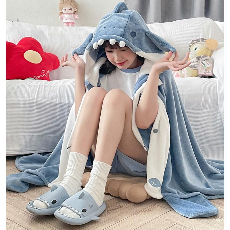 Cartoon Shark Plush Wearable Hooded Blanket  |   Pajamas Clothing Blue