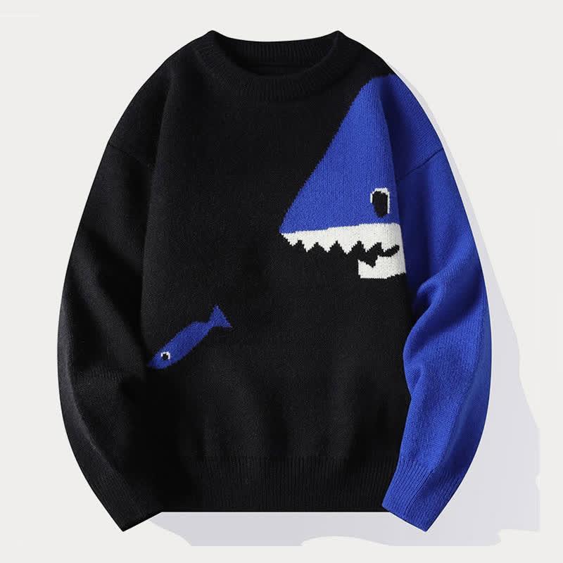 Cartoon Shark Print Round Collar Colorblock Knitted Sweater  |   Sweater Clothing Black