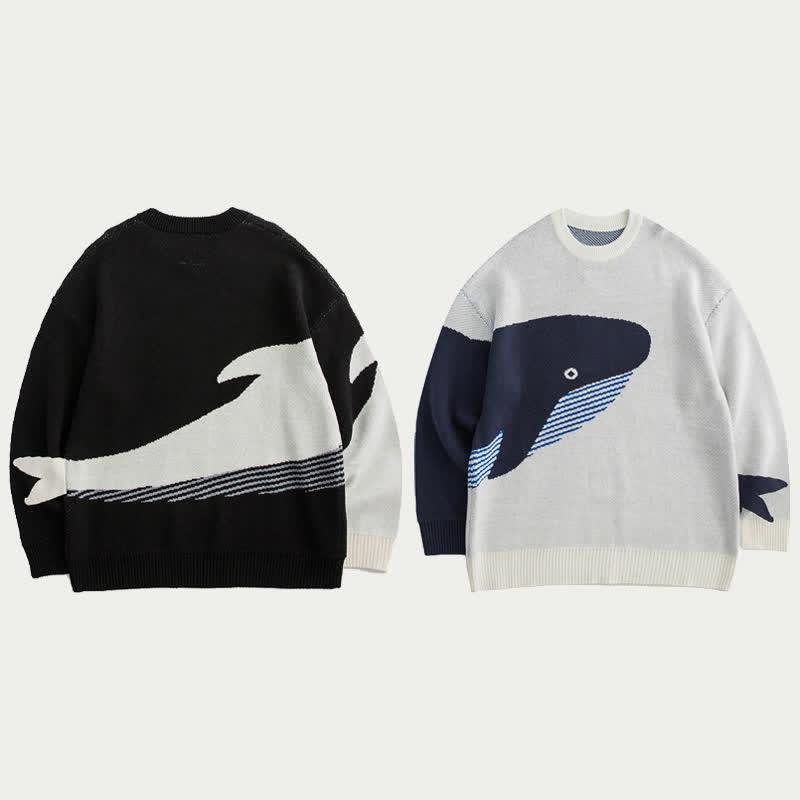 Cartoon Shark Print Round Collar Knitted Sweater  |   Sweater Clothing Black