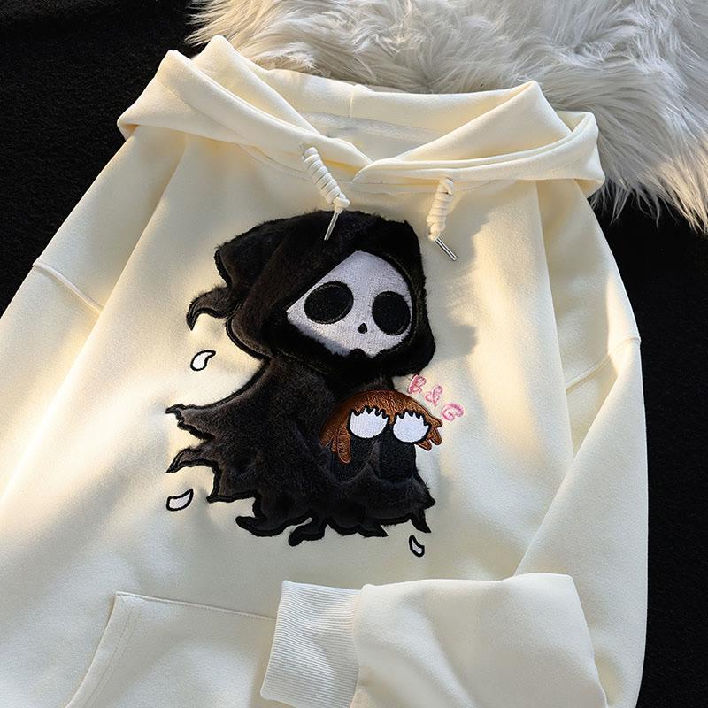 Cartoon Skull Flocking Print Loose Hoodie  |   Sweatshirts & Hoodies Clothing Apricot