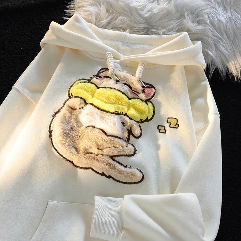 Cartoon Sleeping Cat Flocking Print Loose Hoodie  |   Sweatshirts & Hoodies Clothing Apricot