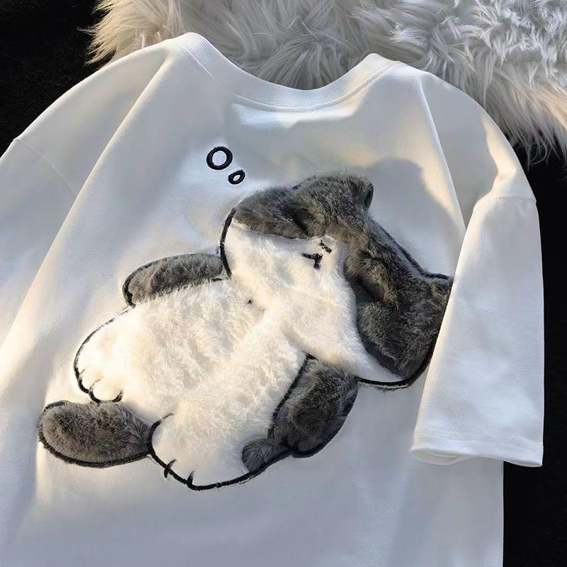 Cartoon Sleeping Kitty Flocking Print Casual Short Sleeve T-Shirt  |   T-Shirts Clothing Green