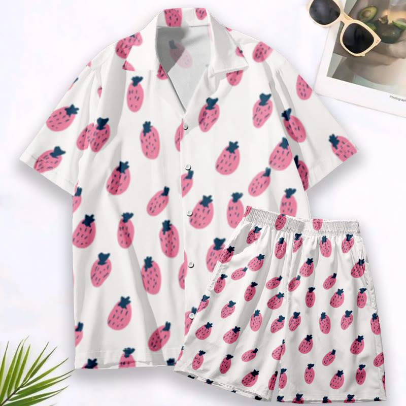 Cartoon Strawberries Print Loose T-Shirt Shorts  |   T-Shirts Clothing Set