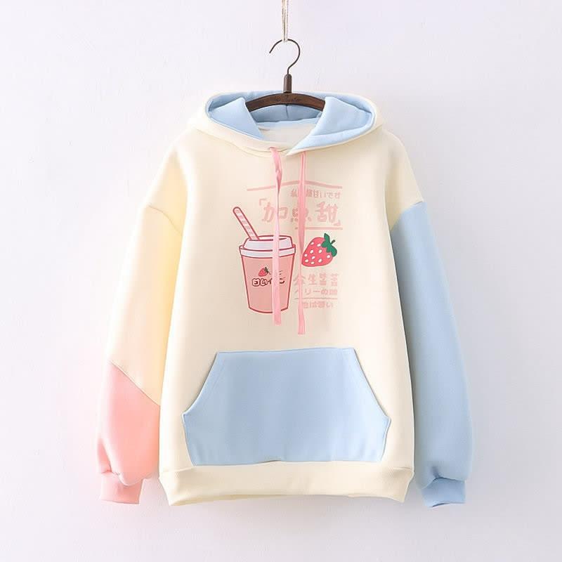 Cartoon Strawberry Drink Print Colorblock Sleeve Plush Hoodie  |   Sweatshirts & Hoodies Clothing Apricot