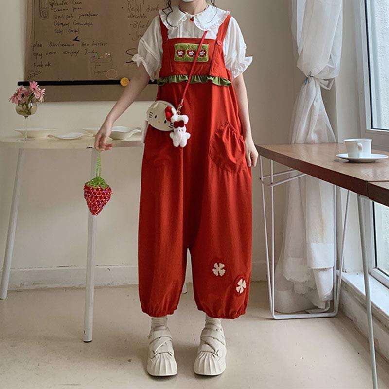 Cartoon Tomato Embroidery Overalls Doll Collar Blouse  |   T-Shirts Clothing Red