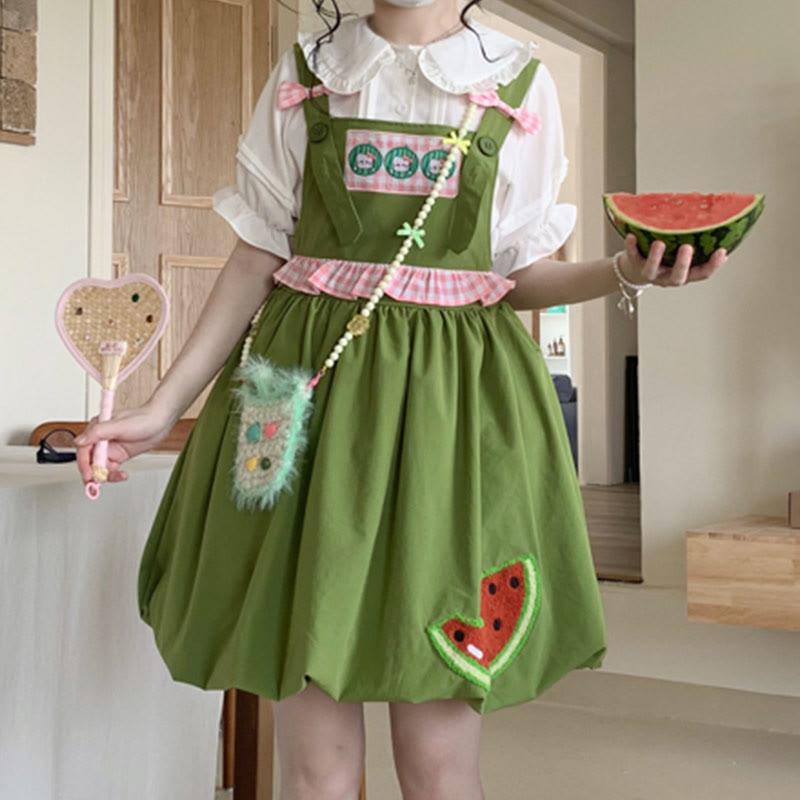 Cartoon Watermelon Kitty Embroidery Bow Overalls Dress Doll Collar Blouse  |   Dresses Clothing Dresses