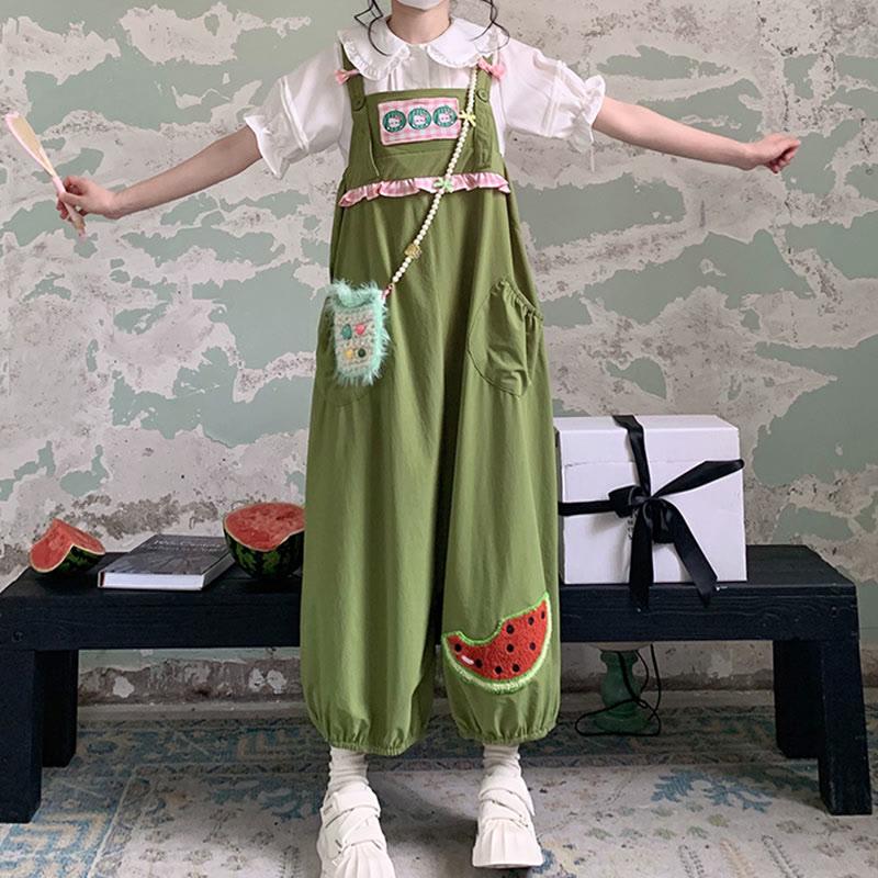 Cartoon Watermelon Kitty Embroidery Overalls Doll Collar Blouse  |   T-Shirts Clothing Green