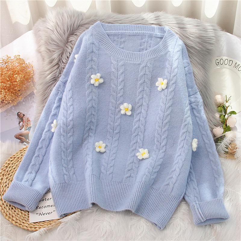 Casual Blossom Print Knitted Sweatshirt  |   Sweatshirts & Hoodies Clothing Blue