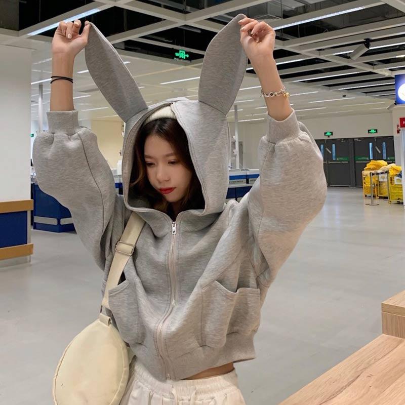 Casual Loose Bunny Ears Hoodie Outerwear  |   Sweatshirts & Hoodies Clothing Grey