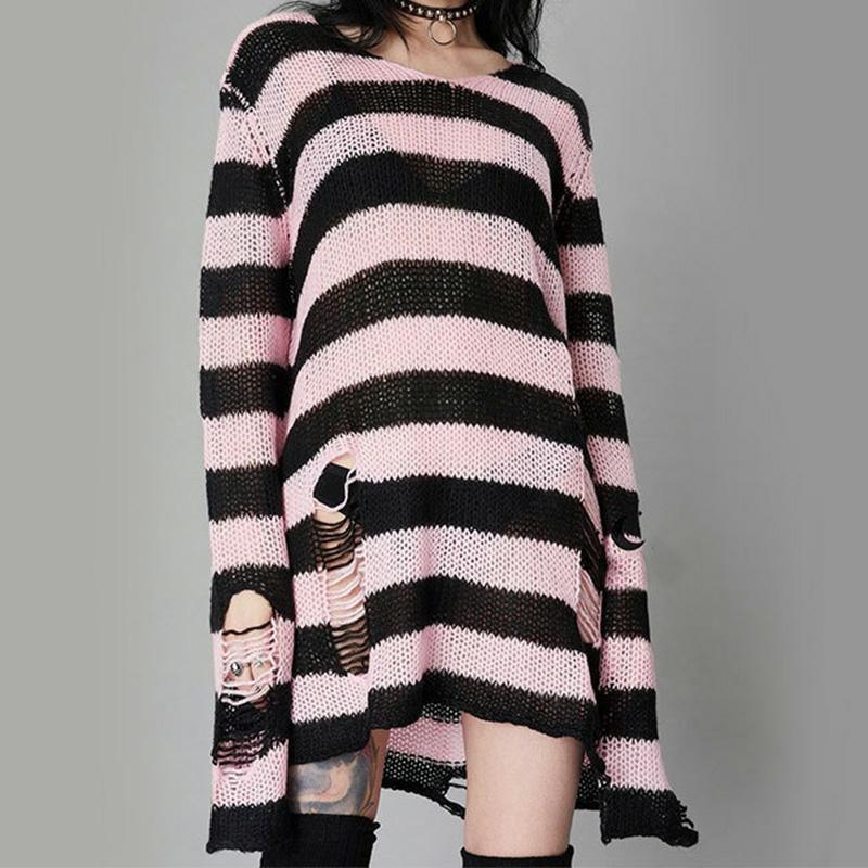 Casual Striped Colorblock Hole Ripped Long Sweater  |   Sweater Clothing A