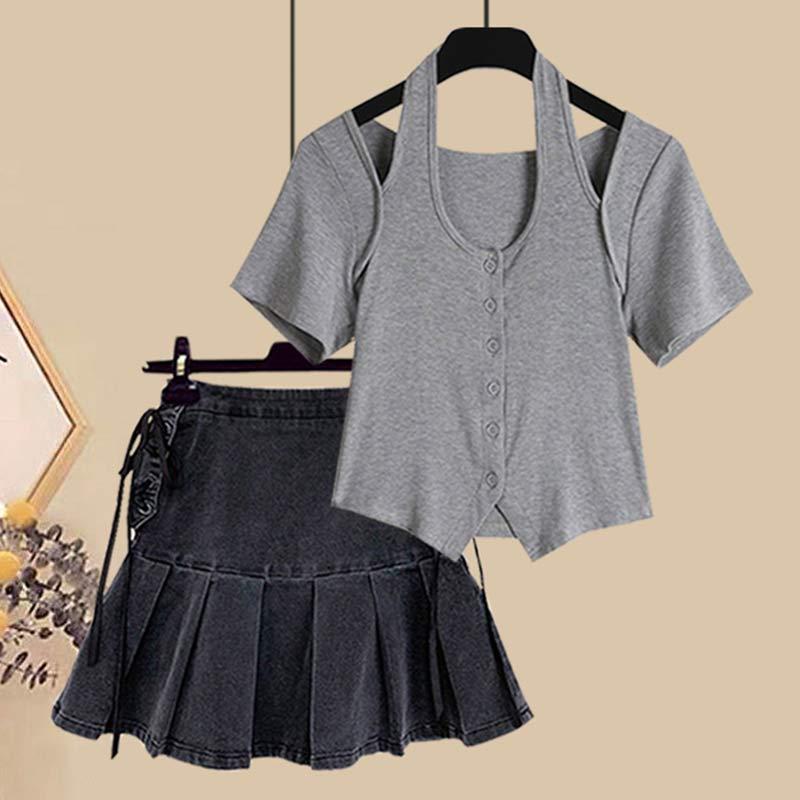 Casual T-Shirt Lace Up Pleated Denim Skirt Set  |   T-Shirts Clothing Blue T-Shirt