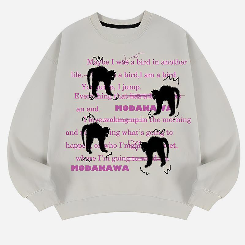 Cat And Letter Pattern Print Round Collar Casual Sweatshirt  |   Sweatshirts & Hoodies Clothing Beige