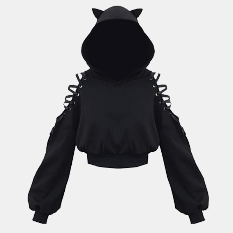 Cat Ears Lace Up Short Hoodie Black  |   Sweatshirts & Hoodies Clothing Black