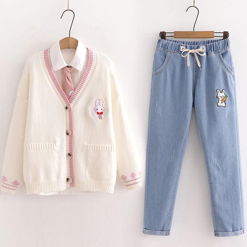 Cat Embroidered Cardigan Sweater Jeans Set  |   Sweater Clothing Beige