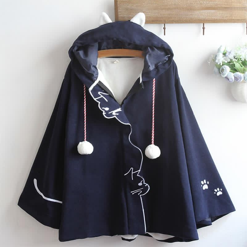 Cat Embroidery Zipper Hooded Cloak Coat  |   Outerwear Clothing Coat