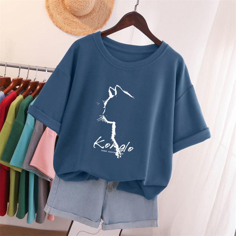 Cat Letter Print Casual Loose T-Shirt  |   T-Shirts Clothing A