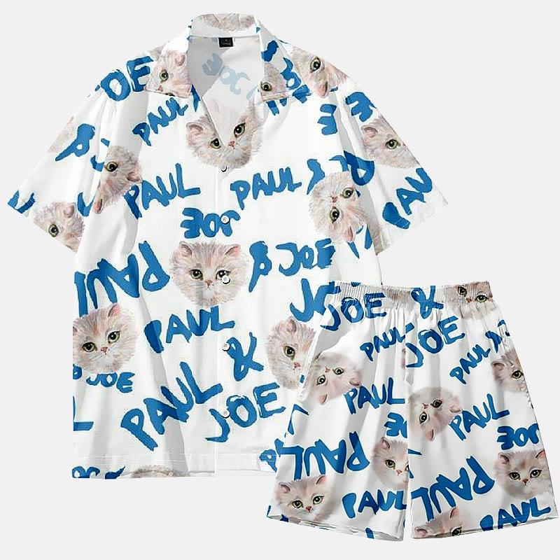 Cat Letter Print Casual T-Shirt Shorts  |   Shorts Clothing Set