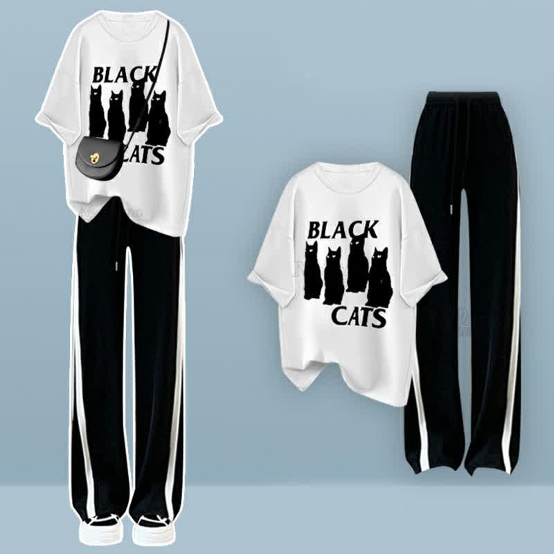 Cat Letter Print Round Collar T-Shirt Casual Wide Leg Pants  |   T-Shirts Clothing Pants