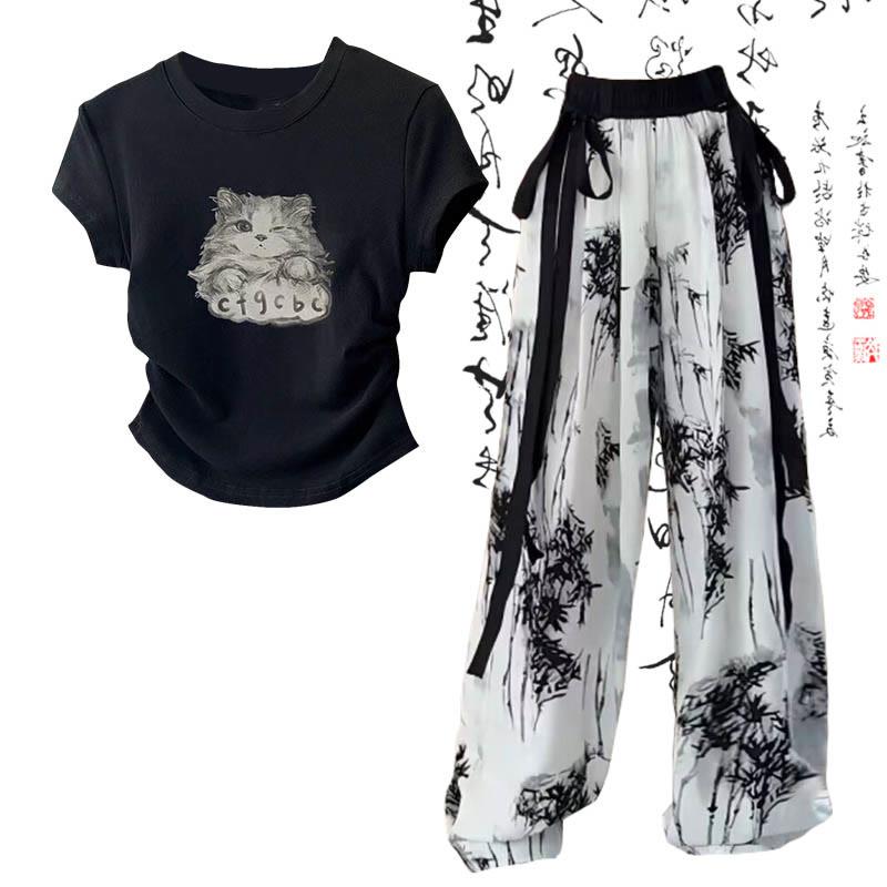 Cat Print T-Shirt Wash Painting Print Loose Pants Two Pieces  |   Pants Clothing Pants