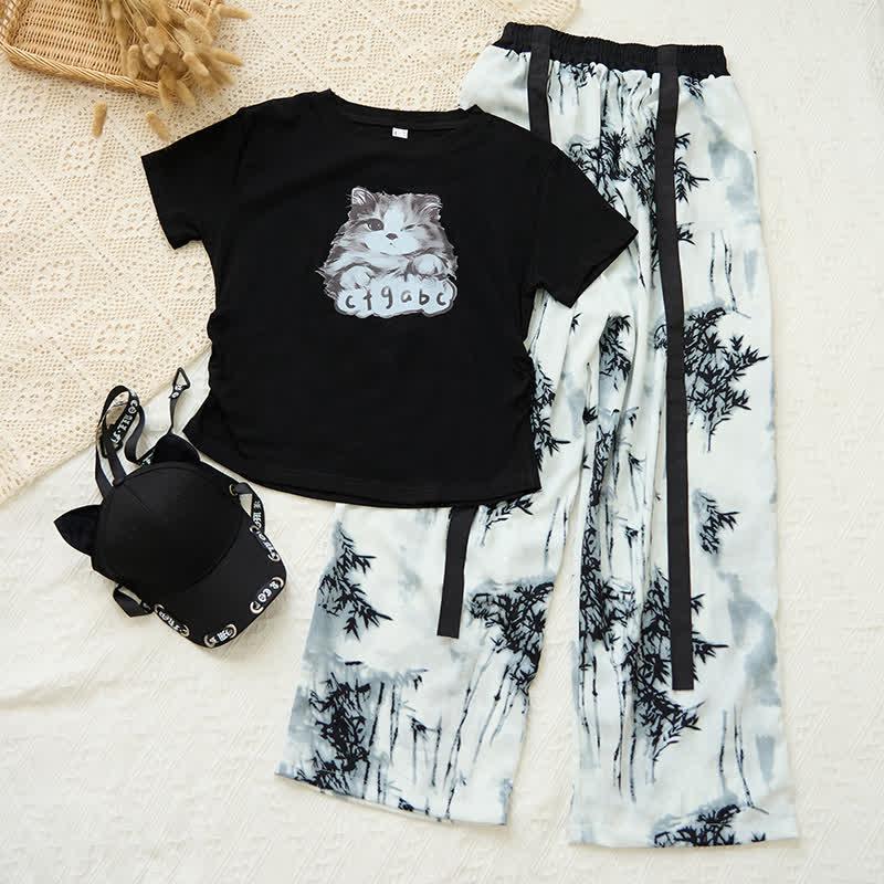 Cat Print T-Shirt Wash Painting Print Loose Pants Two Pieces  |   T-Shirts Clothing Pants