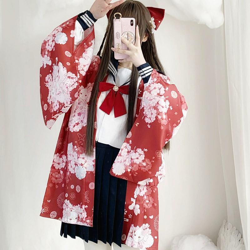 Cat Sakura Print Loose Cardigan Kimono Outerwear  |   Outerwear Clothing Black