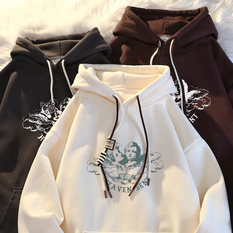 Character Letter Print Loose Hooded Sweatshirt  |   Sweatshirts & Hoodies Clothing Apricot