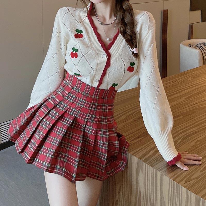 Cherry Embroidery Sweater Plaid Skirt Set  |   Sweater Clothing Apricot Sweater