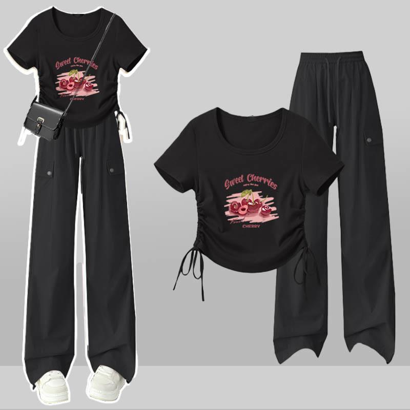 Cherry Letter Print Drawstring T-Shirt Cargo Pants Two Pieces Set  |   T-Shirts Clothing Pants