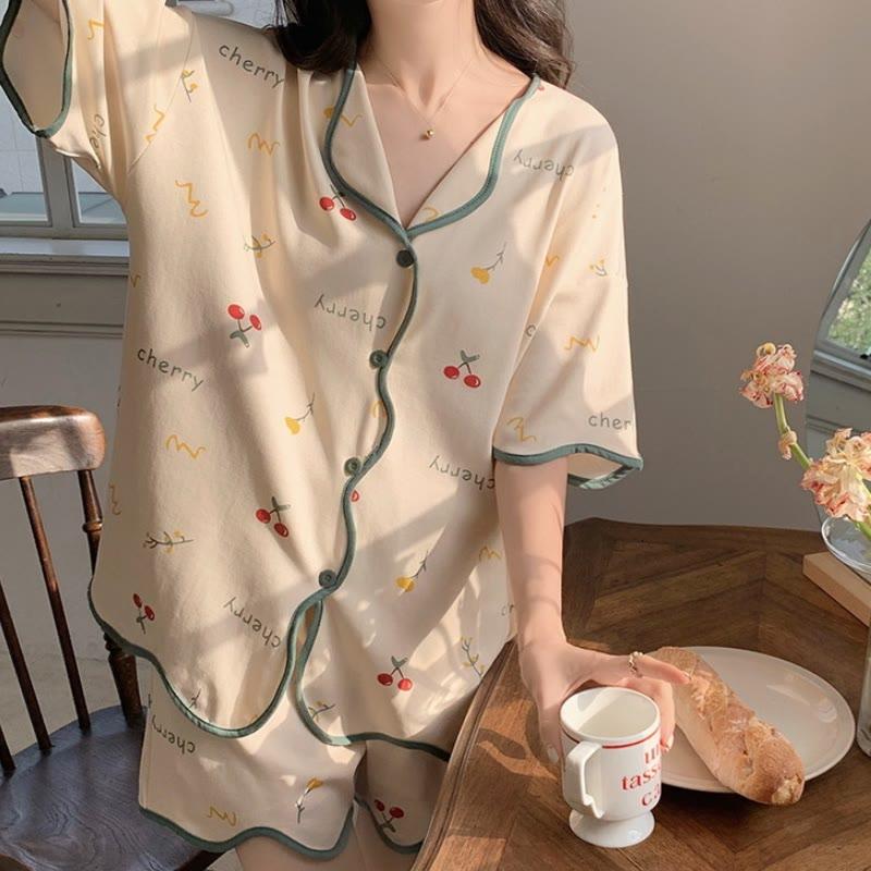 Cherry Print V-Neck Cotton T-Shirt Shorts Pajamas Set  |   Pajamas Clothing Apricot