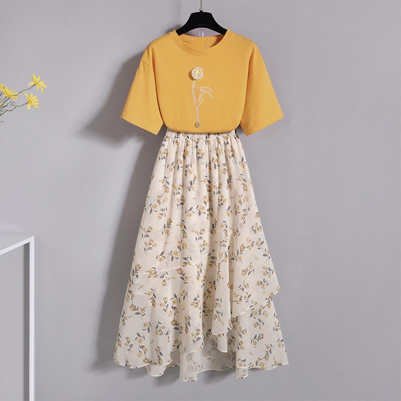 Chic 3D Flower Embroidery T-Shirt Floral Print Skirt  |   T-Shirts Clothing Set