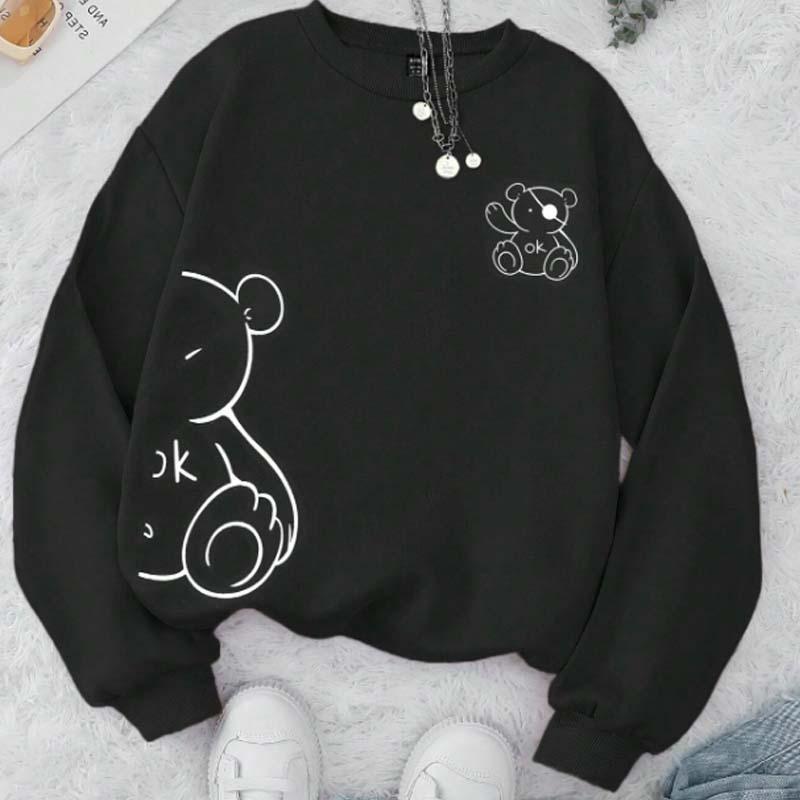 Chic Bear Print Round Collar Plush Sweatshirt  |   Sweatshirts & Hoodies Clothing Black