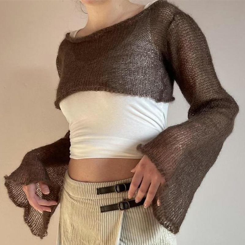 Chic Bell Sleeve See Through Hollow Out Crochet Crop Top  |   T-Shirts Clothing Brown