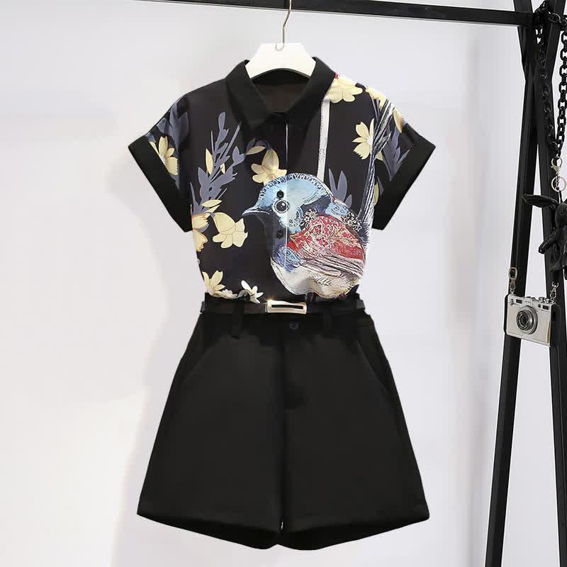 Chic Bird Floral Print Chiffon T-Shirt Casual Shorts  |   T-Shirts Clothing Set(With Belt)