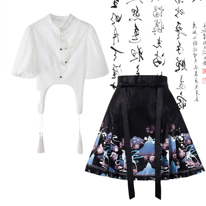 Chic Buckle Tassel Shirt High Waist Pleated Skirt  |   Skirts Clothing Black Shirt