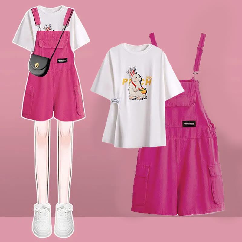 Chic Bunny Print T-Shirt Pocketed Denim Overalls Two Pieces  |   T-Shirts Clothing Pink Overalls