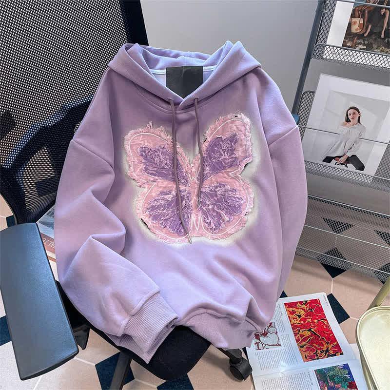 Chic Butterfly Embroidery Loose Hoodie  |   Sweatshirts & Hoodies Clothing Purple