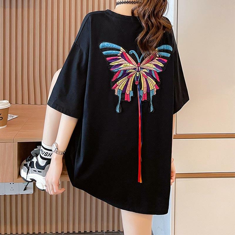 Chic Butterfly Embroidery Round Collar T-Shirt  |   T-Shirts Clothing Black