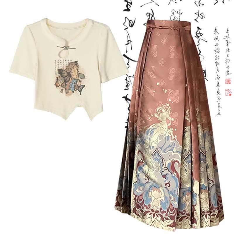 Chic Butterfly Print T-Shirt High Waist Pleated Skirt  |   Skirts Clothing Apricot Shirt