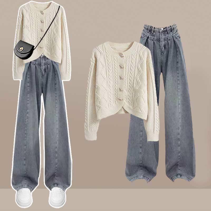 Chic Button Knit Sweater Cardigan Denim Pants Two Pieces  |   Pants Clothing Pants