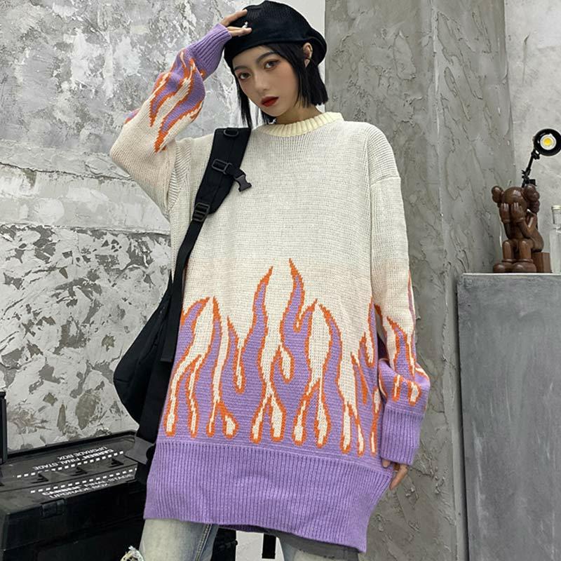 Chic Colorblock Knit Flame Print Sweater  |   Sweater Clothing Black