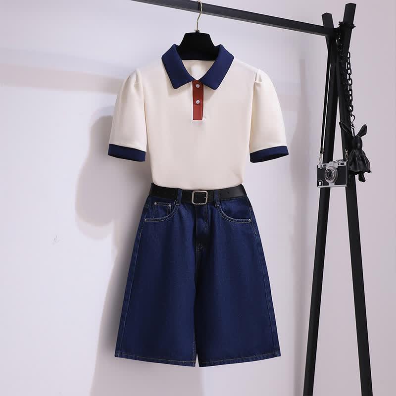 Chic Colorblock Lapel T-Shirt Belted Denim Shorts  |   T-Shirts Clothing Set