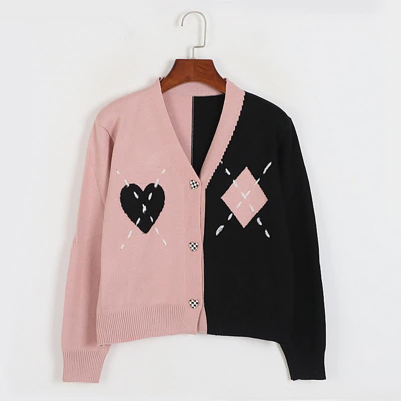 Chic Colorblock Love Heart Knit V-Neck Cardigan Sweater  |   Sweater Clothing Outerwear