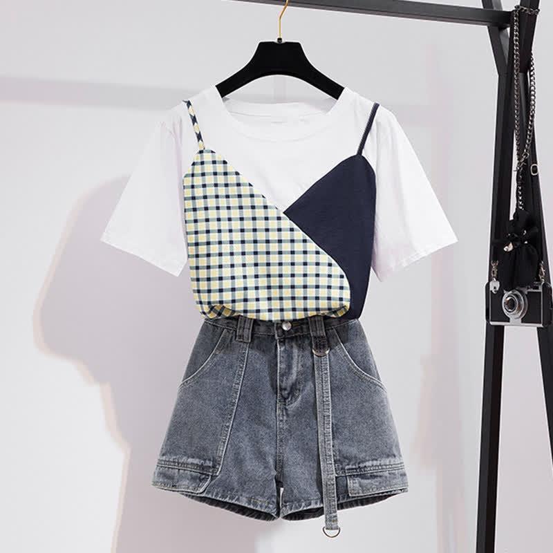 Chic Colorblock Round Collar T-Shirt Pocketed Denim Shorts  |   T-Shirts Clothing Blue Set