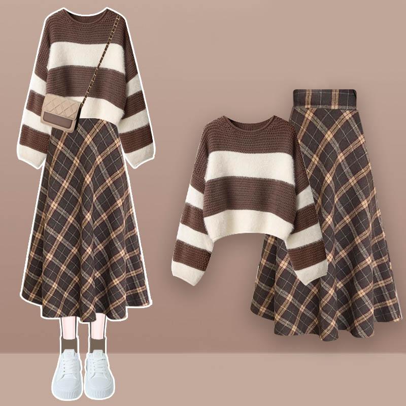 Chic Colorblock Stripe Sweater High Waist Plaid Print Skirt  |   Sweater Clothing Set A