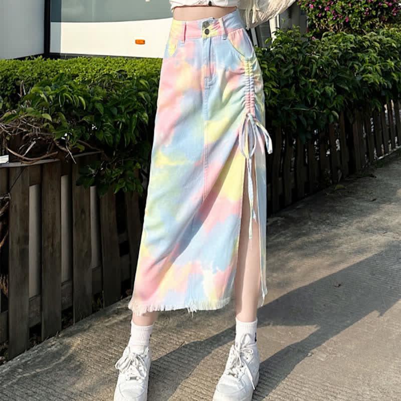 Chic Colorblock Tie Dye Drawstring Split Midi Denim Skirt  |   Skirts Clothing Rainbow