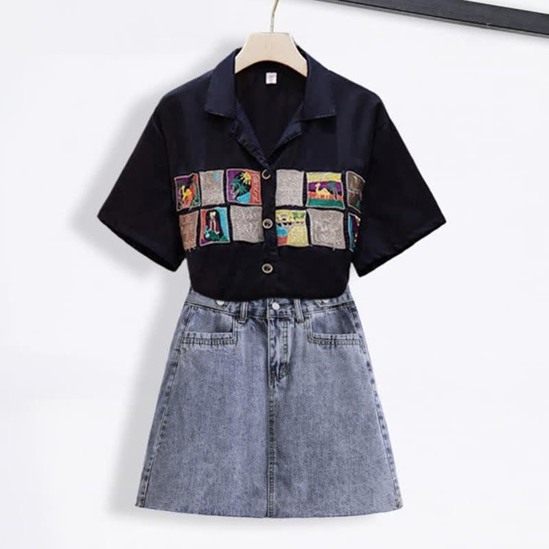 Chic Embroidery Loose Laple T-Shirt A-Line Denim Skirt  |   T-Shirts Clothing Skirt